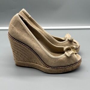 Tory Burch Tan Canvas Espadrille Wedge Sandals Peep Toe Bow Logo 7B Spain